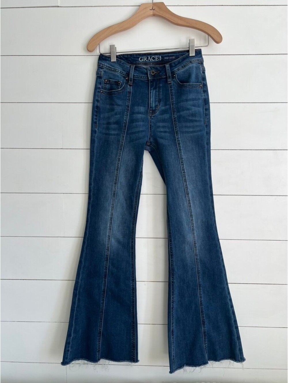 Grace in LA High-Waisted Flare Jeans Women’s 26 Raw Split Hem Blue Denim Western